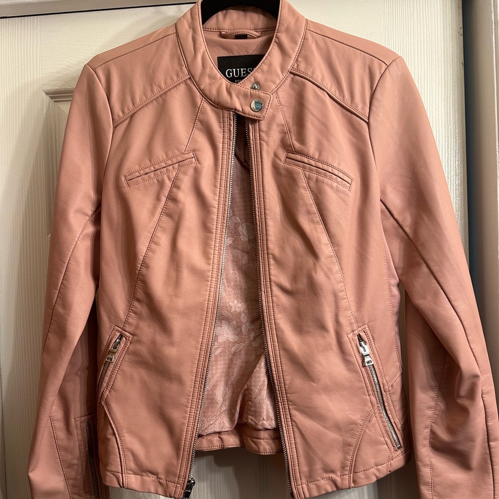 Guess Faux Leather Moto Jacket NWOT. Gorgeous on! Fitted. Medium. Rose pink.